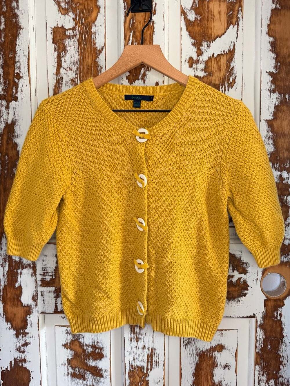 Boden 3/4 Sleeve Knit Cardigan 100% Cotton Yellow Size 14 Snap Closure
